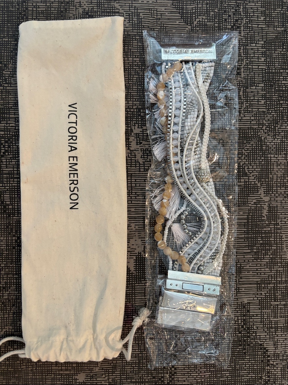 Victoria Emerson White and Cream Layered Wrap Bracelet with Tassels